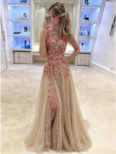 Charming Round Neck Split Tulle Long Prom Dress with Appliques